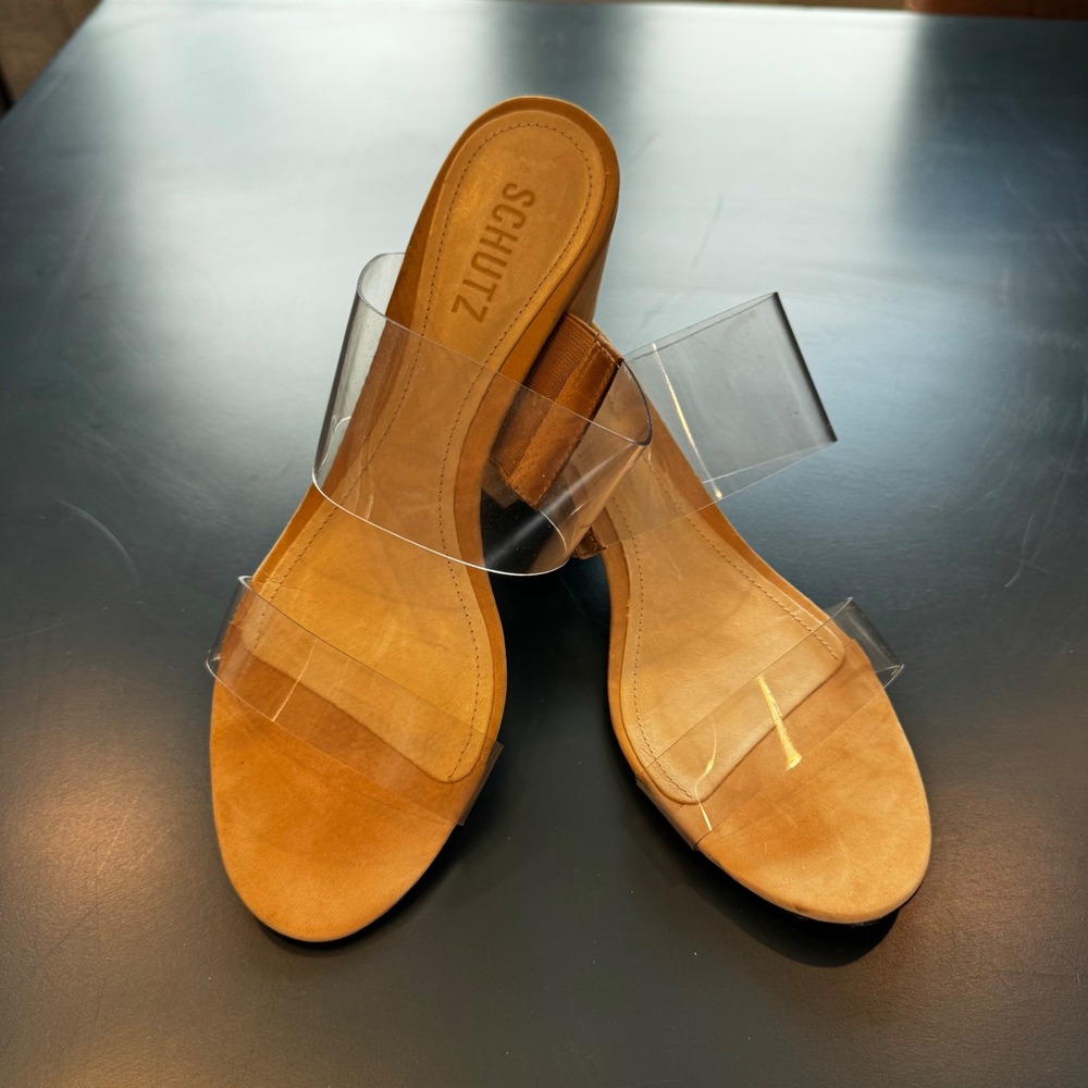 Schutz Women 9 B Clear Strap Tan Footbed Block Heel Slide Mule Sandals Neutral - Picture 6 of 16